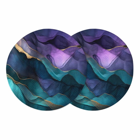 Purple Blue Ombre Round 13 Inch Placemats Set of 2, Modern Luxury Abstract Marble Texture HeatResistant Non Slip Place Mats for Dining Table, Wipeable Braided Kitchen Table Mats for Housewarming