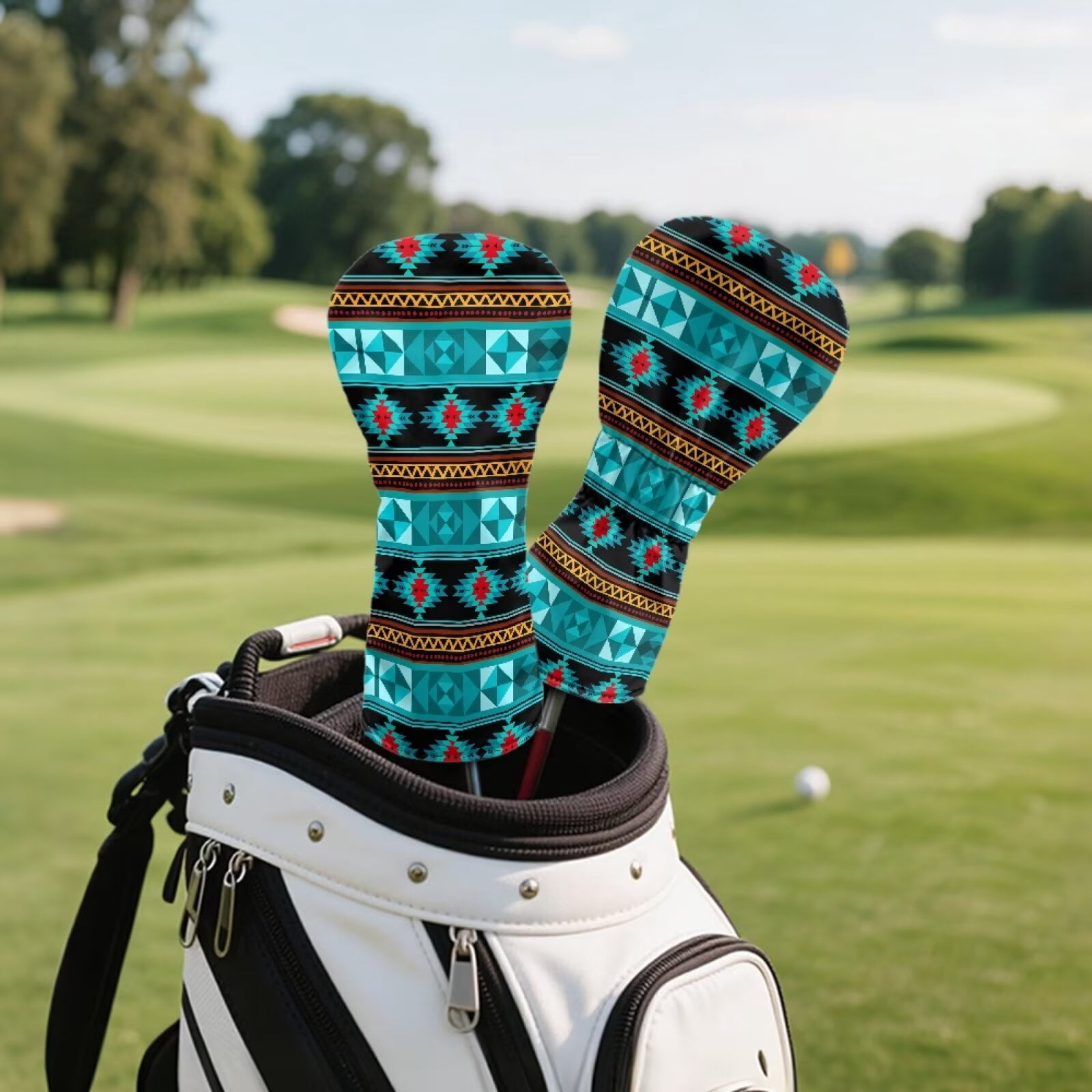 Uorisanigo Golf Club Head Covers - Driver, Fairway #3#5, Hybrid Headgear, Premium Aztec Turquoise Print Headcovers Set Fit Most Clubs, PU Leather Headcovers, Golf Accessories