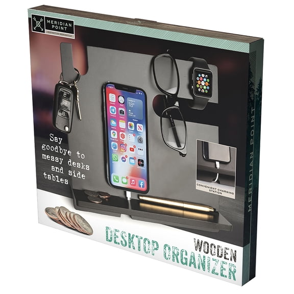 Wooden Desktop Organizer - Desk Accessories for Men, Night Stand with Charger Station, Office Desk Organizer for Phone, Wallet, Keys, Glasses, Watch - 10.40" x 9.10" x 4.50"