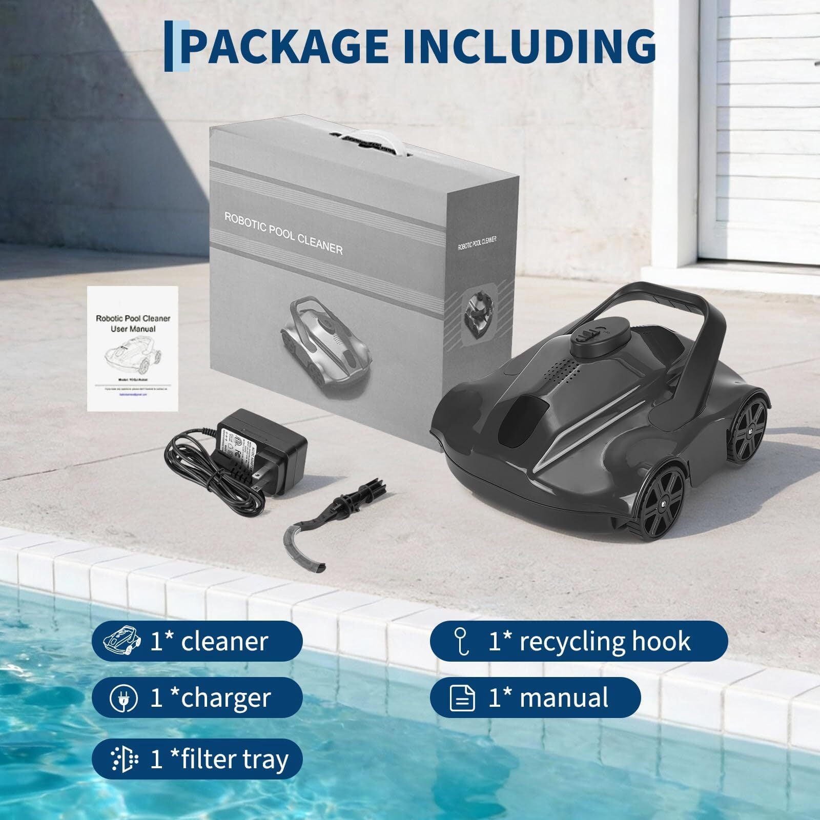 EuKer Pool Cleaner Robot, Automatic Pool Vacuum Robot with Smart Self-Parking and Auto-Drainage for Above-Ground/In-Ground Pools, Black