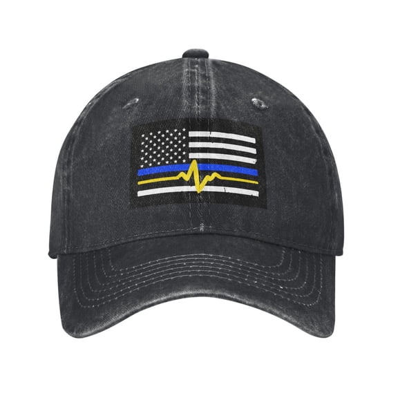 911 Dispatcher - Thin Blue Gold Line Flag Unisex Adult Washed Denim Cotton Sport Outdoor Baseball Cap Adjustable Cowboy Baseball Hat