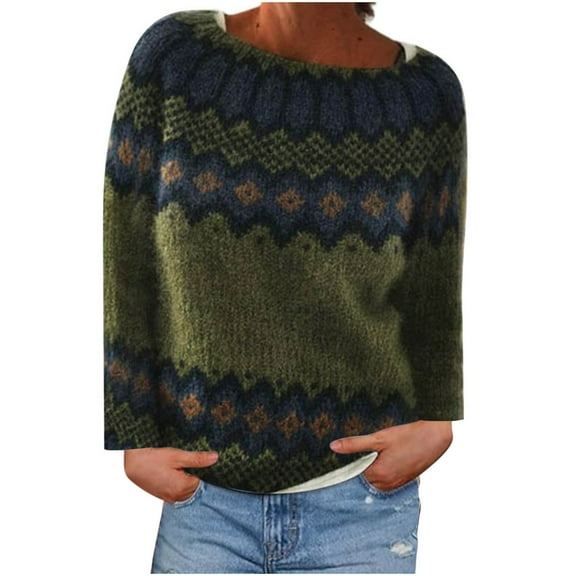 Womens Oversized Sweaters Trendy Printed Crew Neck Knitted Tops Casual Loose Winter Warm Long Sleeve Sweatshirts (Army Green 2XL)
