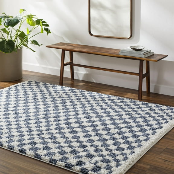 Mark&Day Area Rugs, 5x7 Emmitt Modern Shag Dark Blue Checkered Rug, Ivory Blue Carpet for Living Room, Bedroom or Kitchen (5'3" x 7')