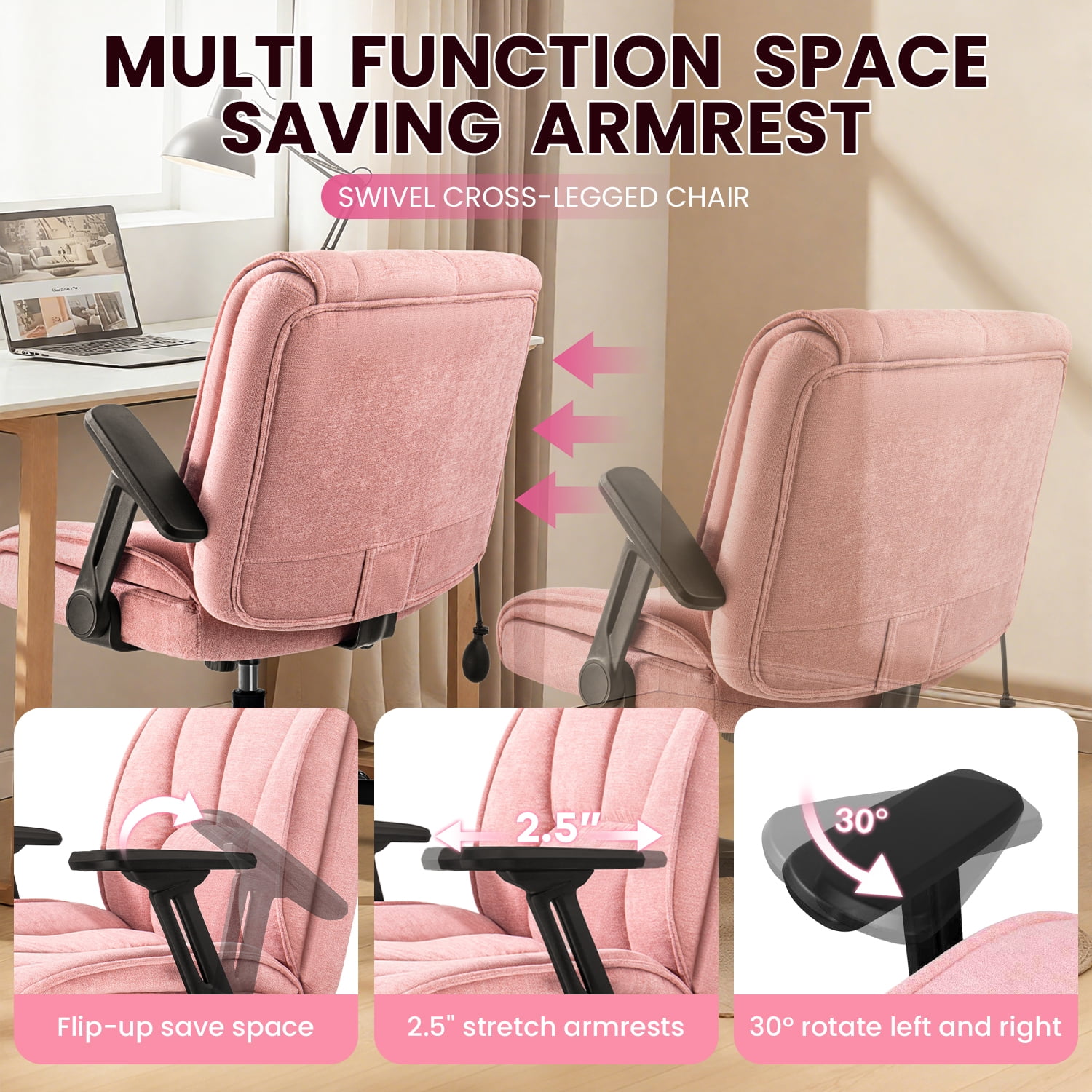 BOSSIN Criss Cross Chair with Wheels,Cross Legged Office Chair,Wide Criss Cross Chair with Flip-Up Arms & Extra-Deep Seat Thickened for Office Chair,Plush Cushion,Cute,Comfy,Pink