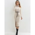 thumbnail image 2 of Beige Ribbed Knit Turtleneck Midi Dress with Black Trim and Belt, 2 of 5