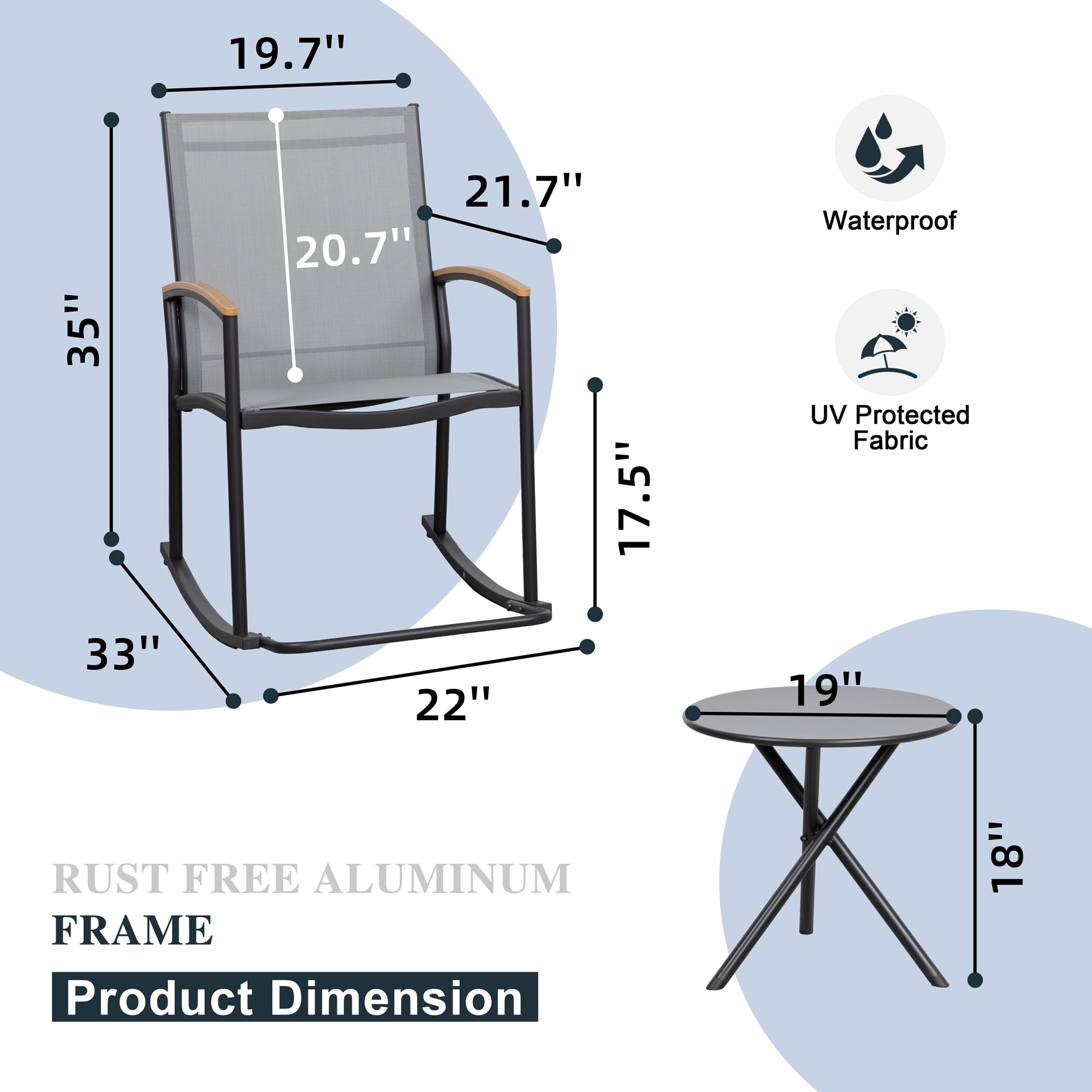 Walsunny 3 Pieces Patio Set Outdoor Patio Furniture Sets Modern Rocking Bistro Set Textilene Chair Conversation Sets Black