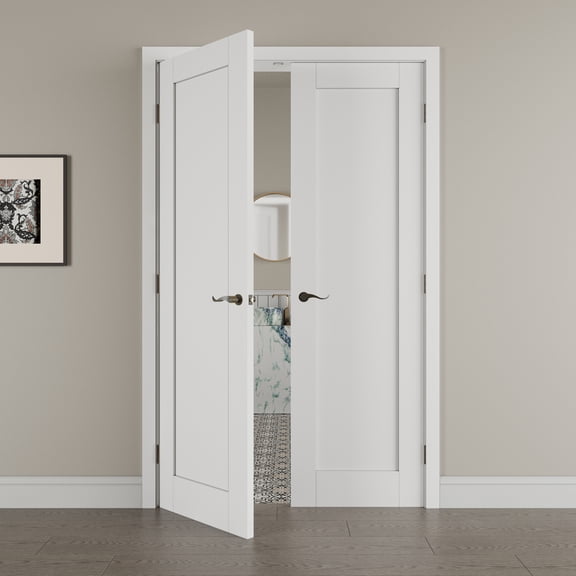 48" x 80" 1 Panel Double Doors with French Door Ready-to-Assemble Jamb, Solid Core Door, Black Levers & Hinges, Interior Door, Pre-finished & Paintable, White