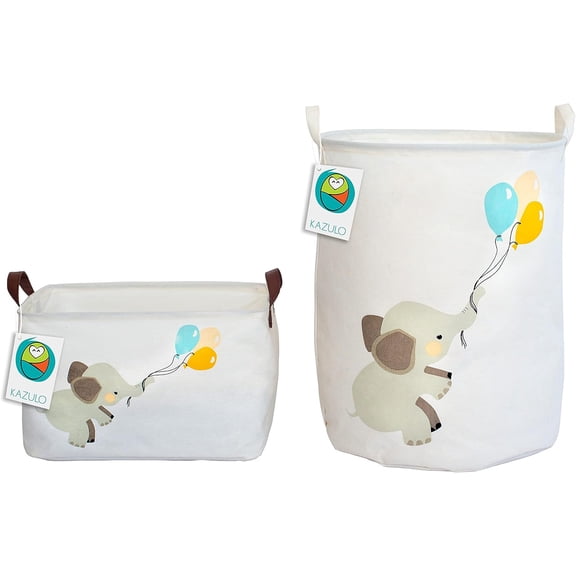 KAZULO Elephant Baskets 2 Pack Set, Kids Laundry Baskets, Baby Hamper for Nursery, Laundry Hamper (Elephant and Balloons Bundle)