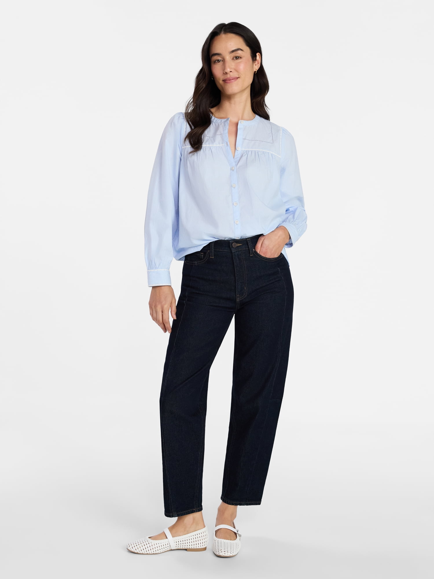 Time and Tru Women's Embroidered Cotton Button Front Shirt with Long Sleeves, Sizes XS-XXXL