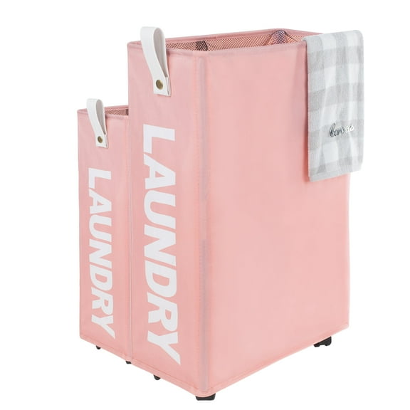 Caroeas x-Large Slim Laundry Baskets 27" Tall with Leather Handle, Laundry Basket on Wheels , Collapsible Laundry Hamper, Rolling Hamper Dorm Baskets (Pink)