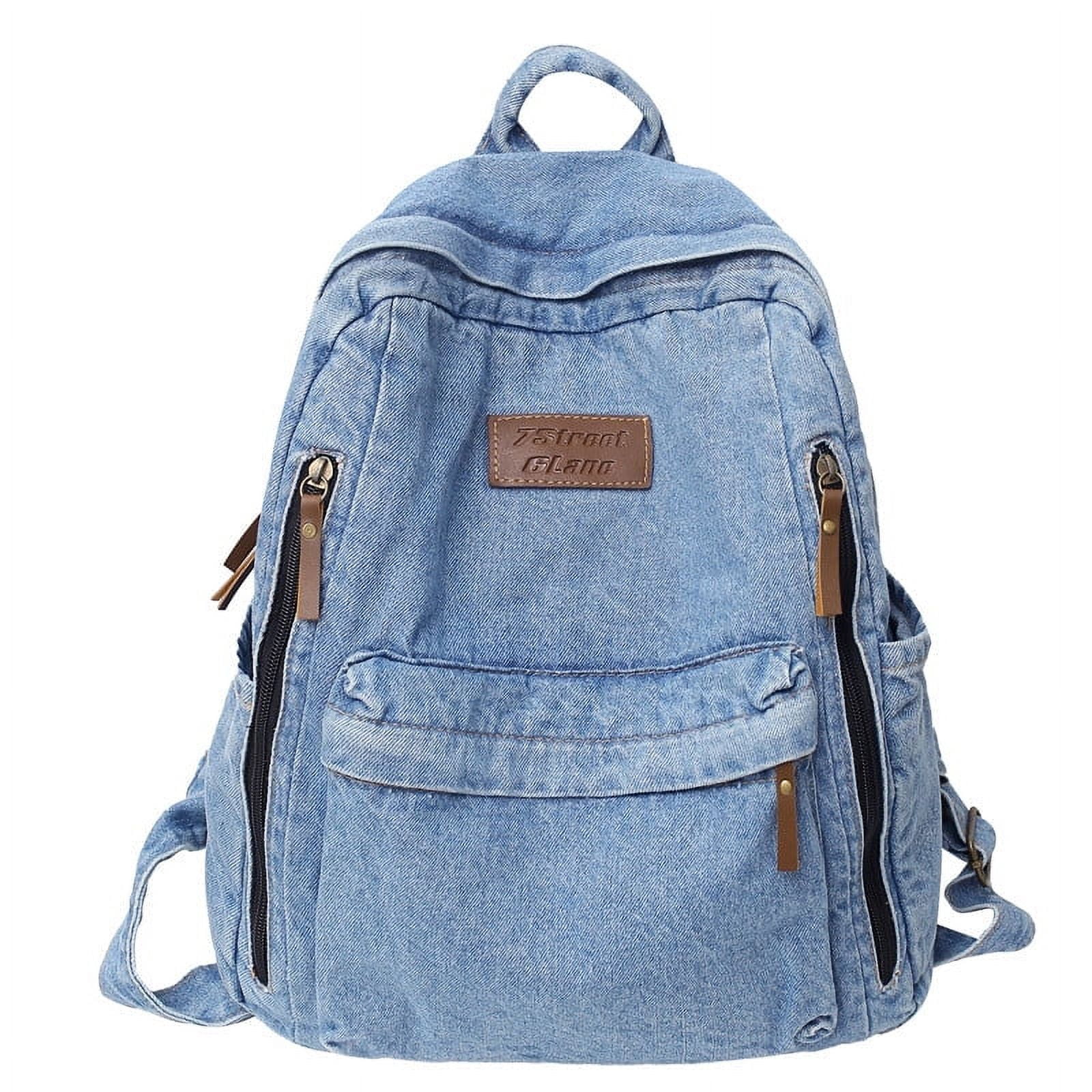Student Denim Backpack Zipper Bookbag Multi Pockets Large School Bag Navy Blue
