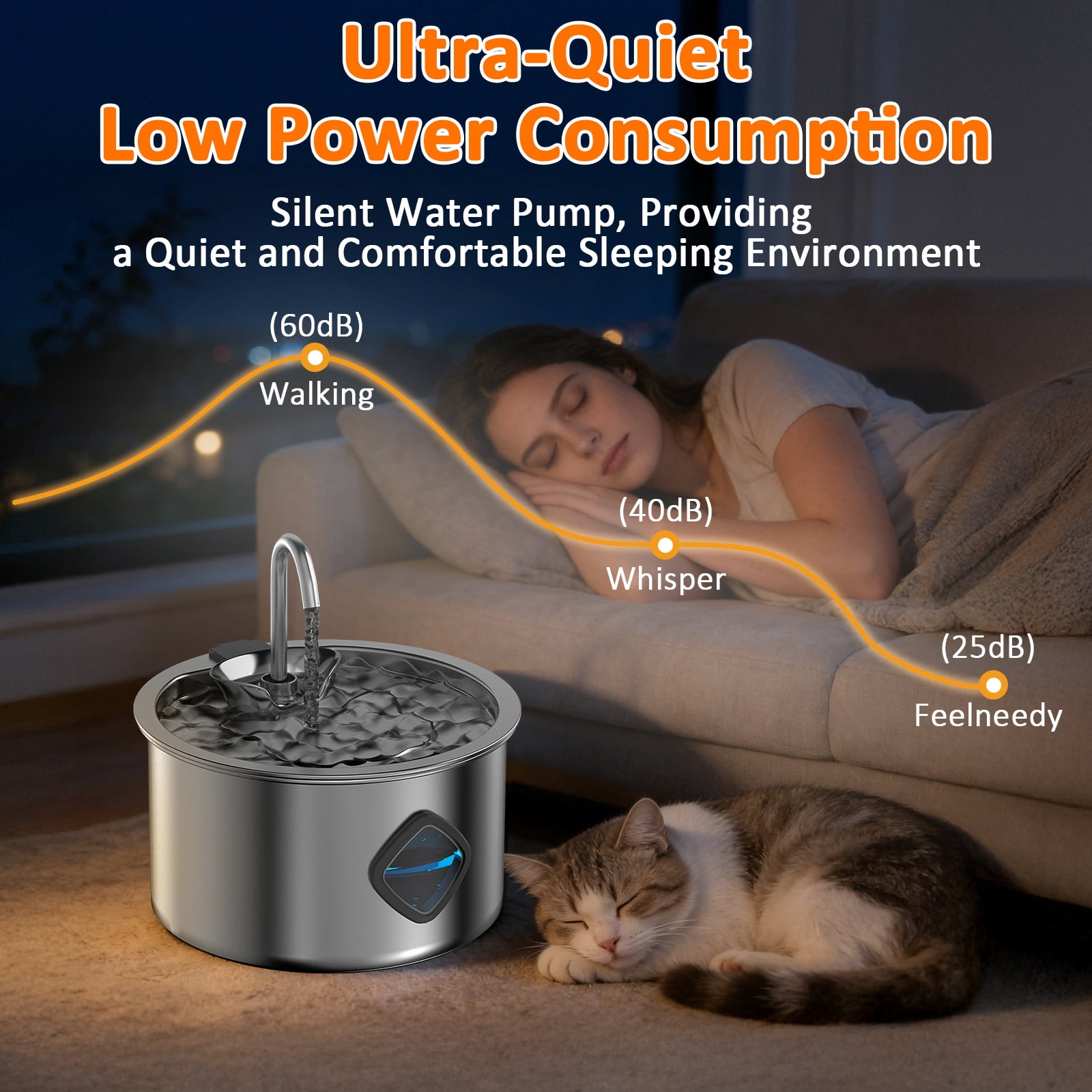 Stainless Steel Cat Water Fountain, 3.2L/108oz Dog Water Bowl Dispenser with Replacement Filters, Automatic Cat Fountains for Drinking for Pets and Small Animals