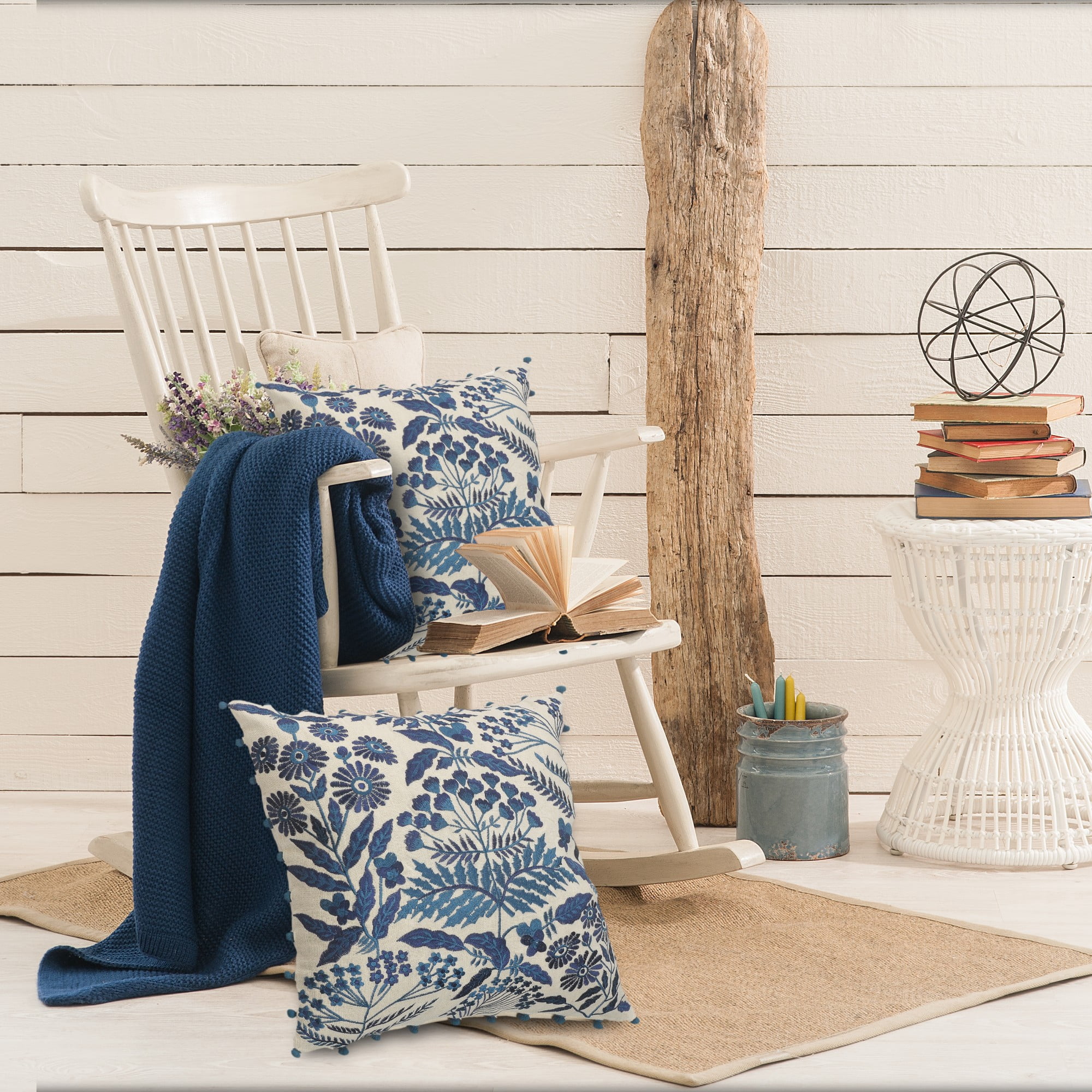 Laddha Home Designs Hand Stitched Botanical Cotton Throw Pillow Cover - 20" - White and Blue
