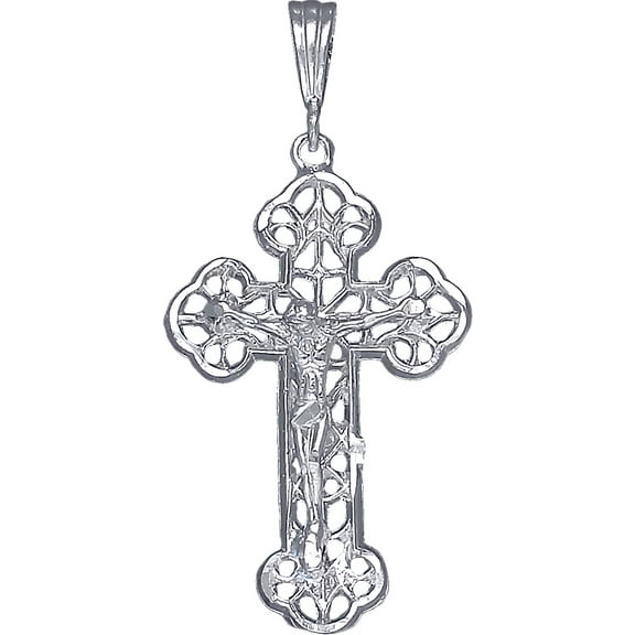 Large Sterling Silver Cross with Jesus Pendant Necklace with Diamond Cut Finish
