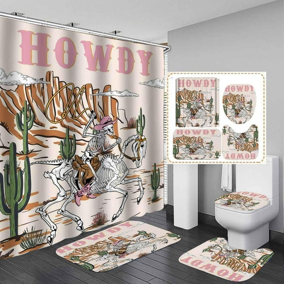 4PCS Western Shower Curtain Set, Waterproof Fabric Black Shower Curtain, Non-Slip Bath Mat Bathroom Rugs, Boho Cow Bull Skull Cactus Aztec Tribal Abstract Geometric Southwest Bathroom Decor
