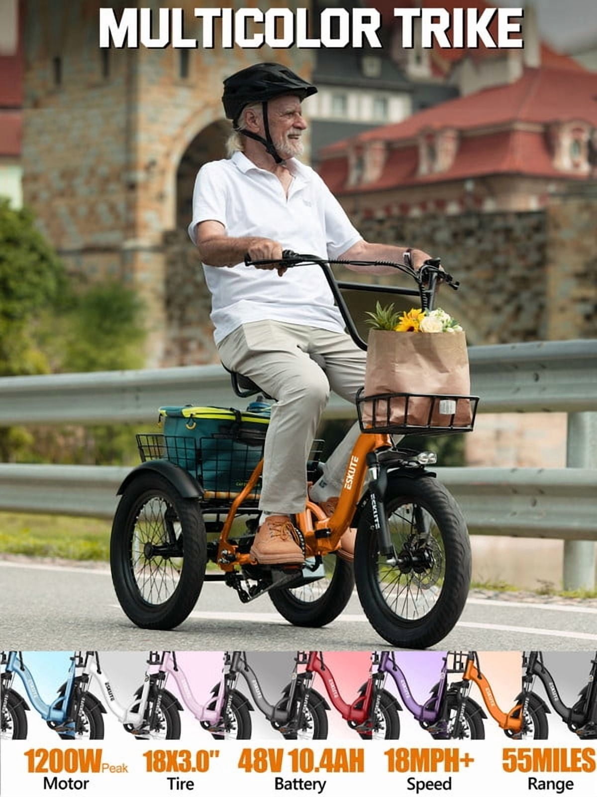 ESKUTE Electric Tricycle for Adults, 1200W Peak Motor, Up to 55 Miles Range, 624Wh Removable Battery, Folding 3-Wheel Ebike with 18x3.0 Fat Tires, Step-Through Orange, UL2849