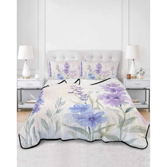 Quilts King Size, Lavender Spring Soft Comforter Bedding Set for Bed, Farmhouse Pastoral Pastel Flowers Lightweight Quilted Bedspread with Pillow Cover(2 Pieces) for All Season, 96x106 Inch