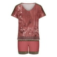 thumbnail image 4 of Women's Vintage Floral Print 2 Piece Casual Sets Short Sleeve V Neck Tees with Drawstring Shorts Summer Trendy Tracksuit Red,L, 4 of 7