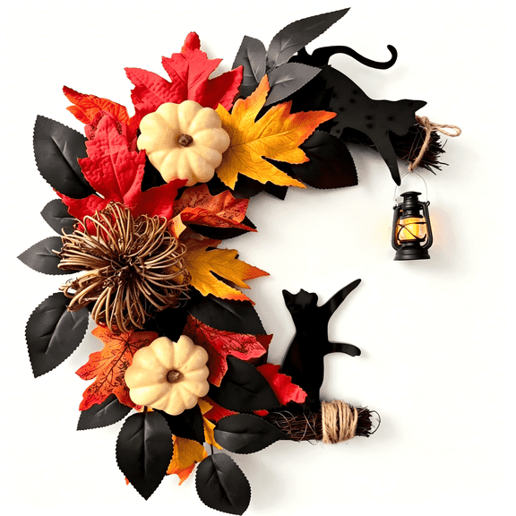 Halloween Wreaths Fall Wreath 15 Inch Fall Halloween Half Wreath with Black Cats-Door Wreath with LED Lantern (Batteries Not Included) Autumn Harvest Wreath for Front Door, Wall, Thanksgiving & Hallo