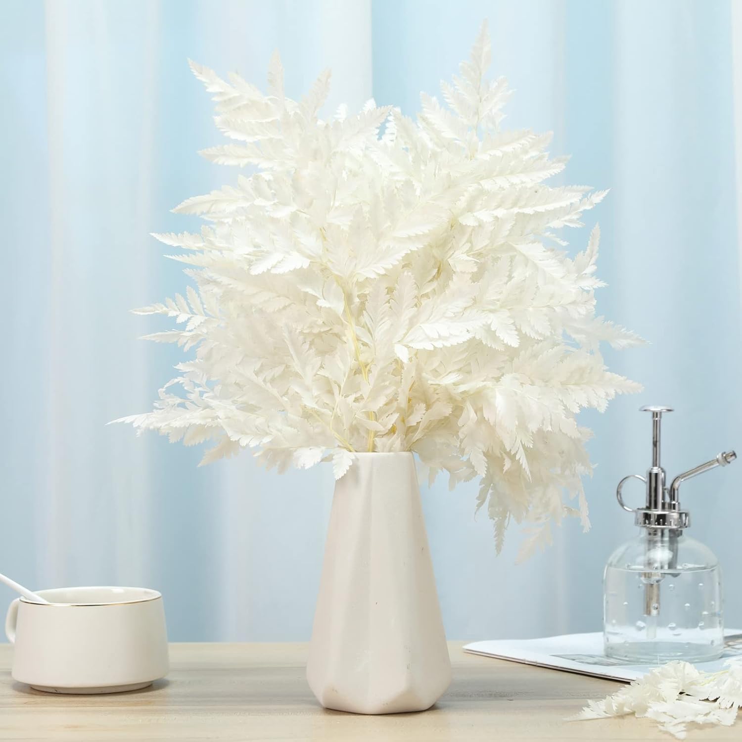 Fern Preserved White Ferns, 10 PCS Dried Boston with Stems, 15'' Real Leaves for Flowers Arrangements Wedding Garland Bouquets Home Party Centerpiece Table Decorations Vase Filler