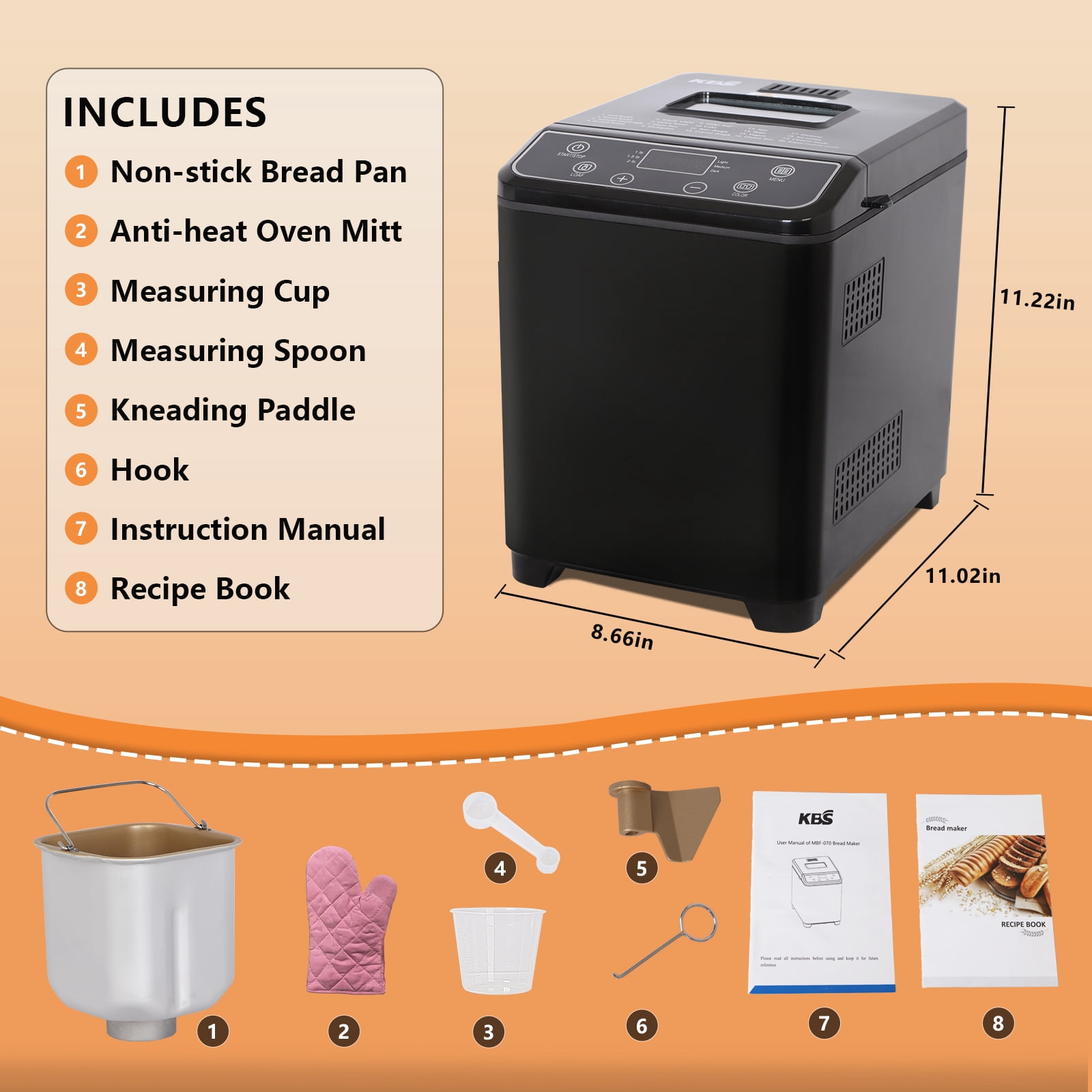 KBS  Bread Maker Machine with Ice cream program,20-in-1 2LB Fully automatic bread machine，DIY setting,15 Hour delay timer,Black Model#070 Ice cream version
