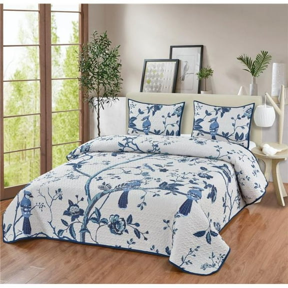 De Leon Collections 63775 Blue Jay Serene Nature Cozy Spring White Floral Boho Decorative Bedding Set Queen Quilt   2 Pillow Shams