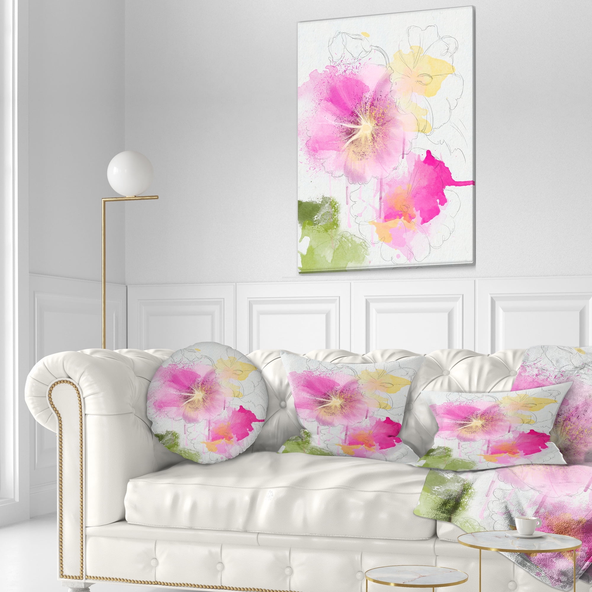 Designart Light Pink Flowers Watercolor - Floral Throw Pillow - 12x20