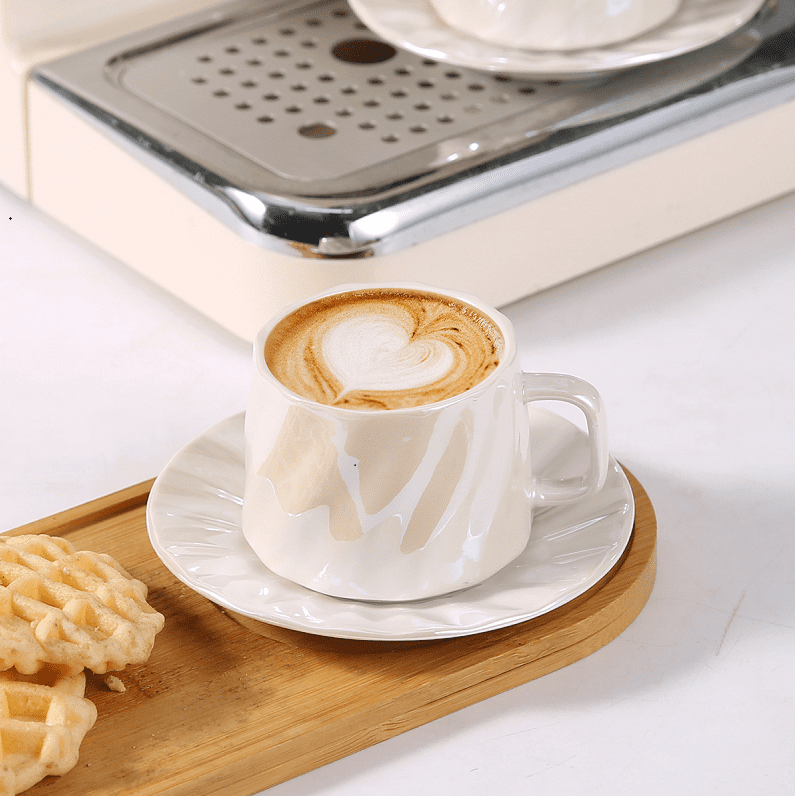 3.4OZ Coffee Cups and Saucers 6-Piece Set, 100ml Espresso Cup Ceramic Tableware Set, Suitable for Coffee and Tea Serving in Restaurants and Home Use, Beige