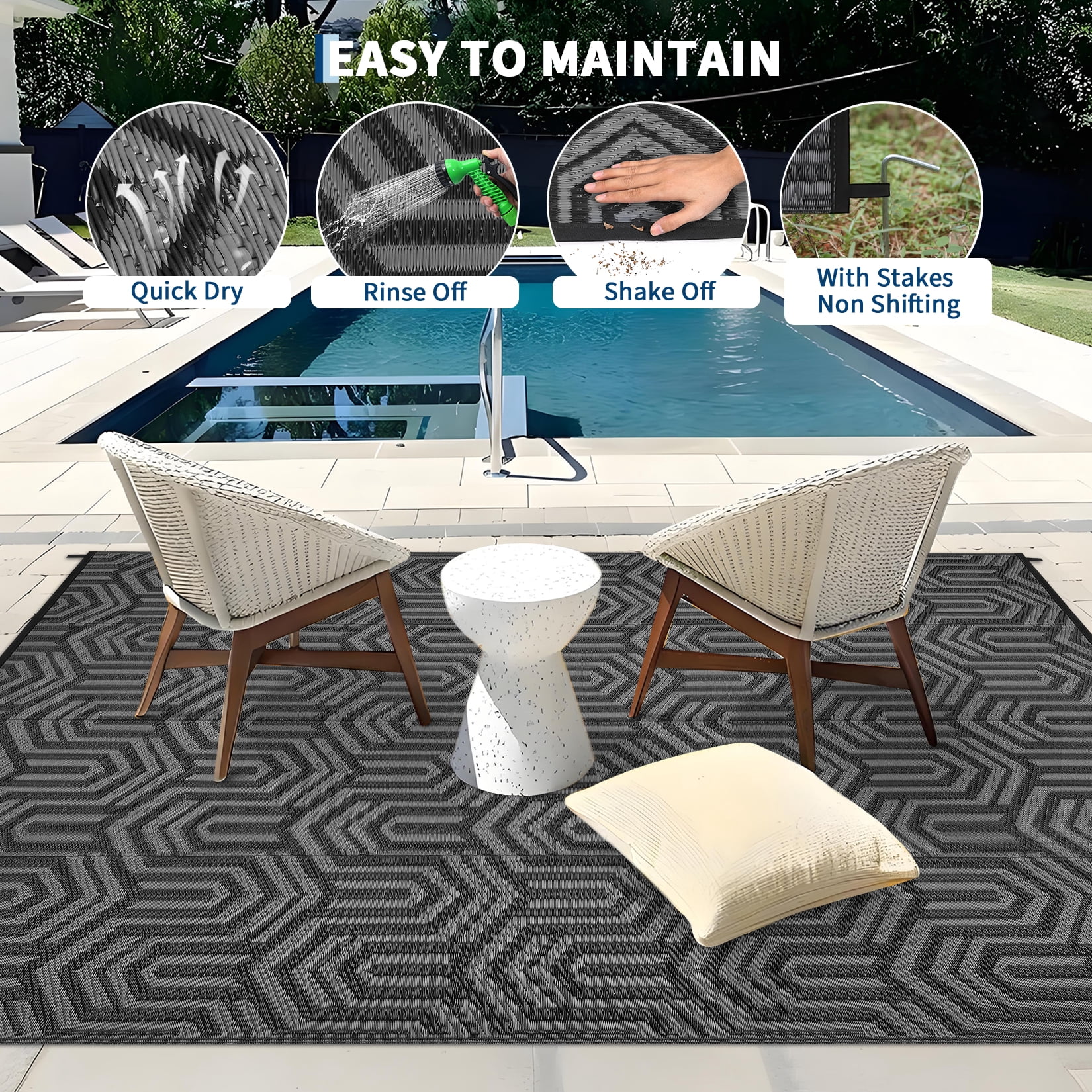 HIWEAVER 9' x 12' Black/Gray Outdoor Rug PP Plastic Straw Woven Waterproof Patio Rug with Border Portable Outside Carpet for Balcony Deck Picnic Garden Decor