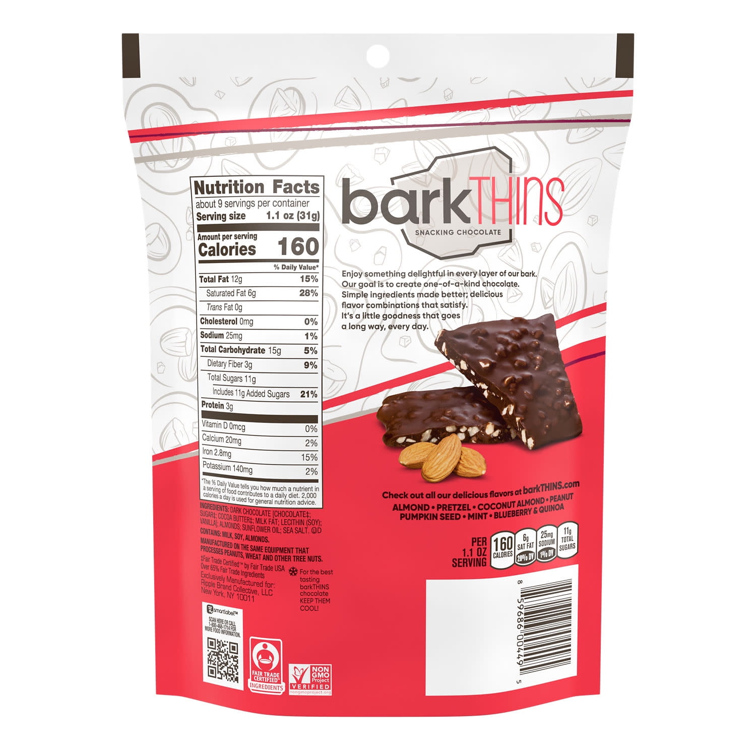 Barkthins Dark Chocolate, Almond and Sea Salt Snacking Chocolate, Family Bag 10 oz