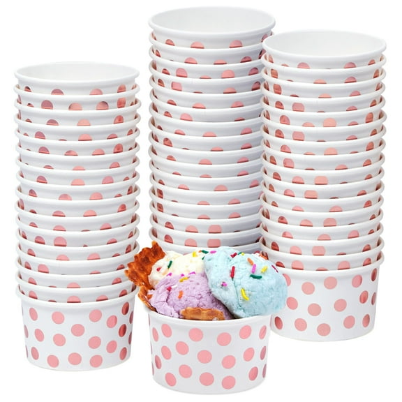 50-Pack Paper Ice Cream Cups for Frozen Yogurt, Sundae Bar, Parfaits, Treats, Diners, Restaurants, Bakeries, Disposable Dessert Bowls with Rose Gold Foil Polka Dots (8 oz)