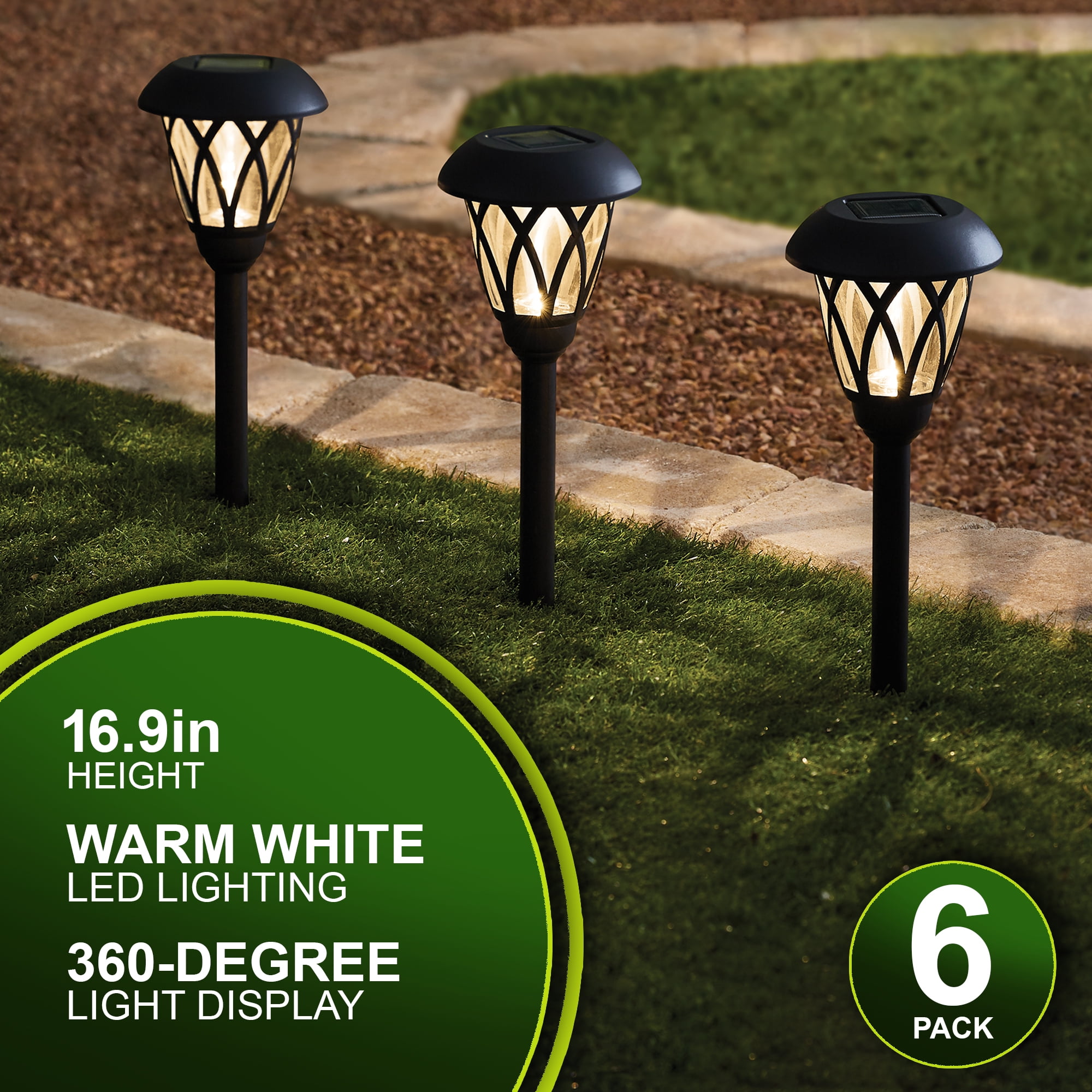 Mainstays Solar Powered Black Lattice LED Landscape Pathway Light with Glass Lens, 8 Lumens (6 Count)