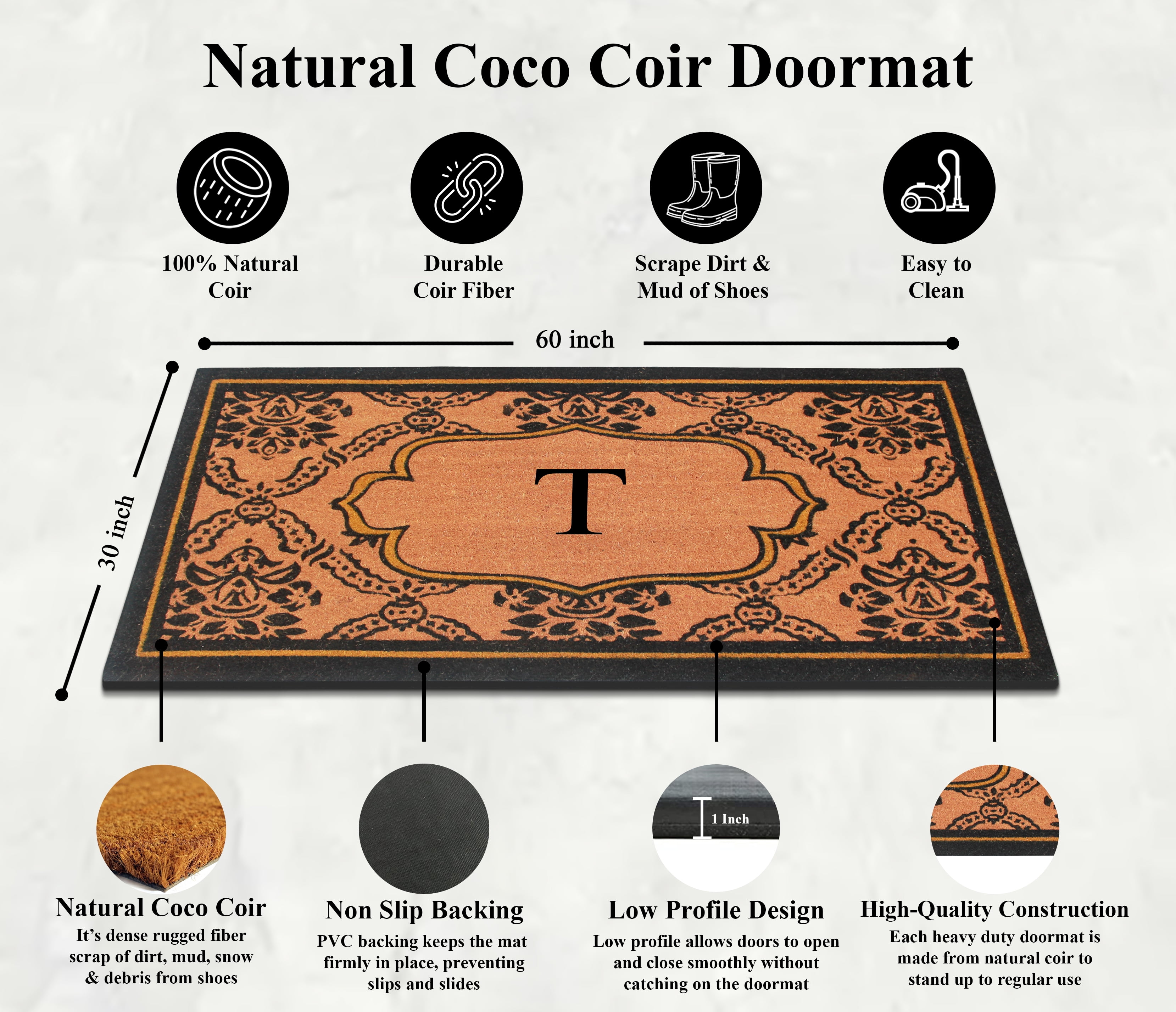 A1HC Natural Coir and PVC Monogrammed Floral Design Door Mat, 30" x 60", Anti-Shed Treated Durable Heavy Duty Front Door Mat for Outdoor Entrance