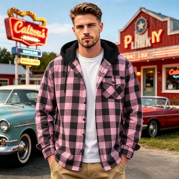Lumtrix Flannel Shirt For Men Casual Long Sleeve Button Down Plaid Shirts Jackets Loose Drawstring Hooded Tops With Pocket Hot Pink L