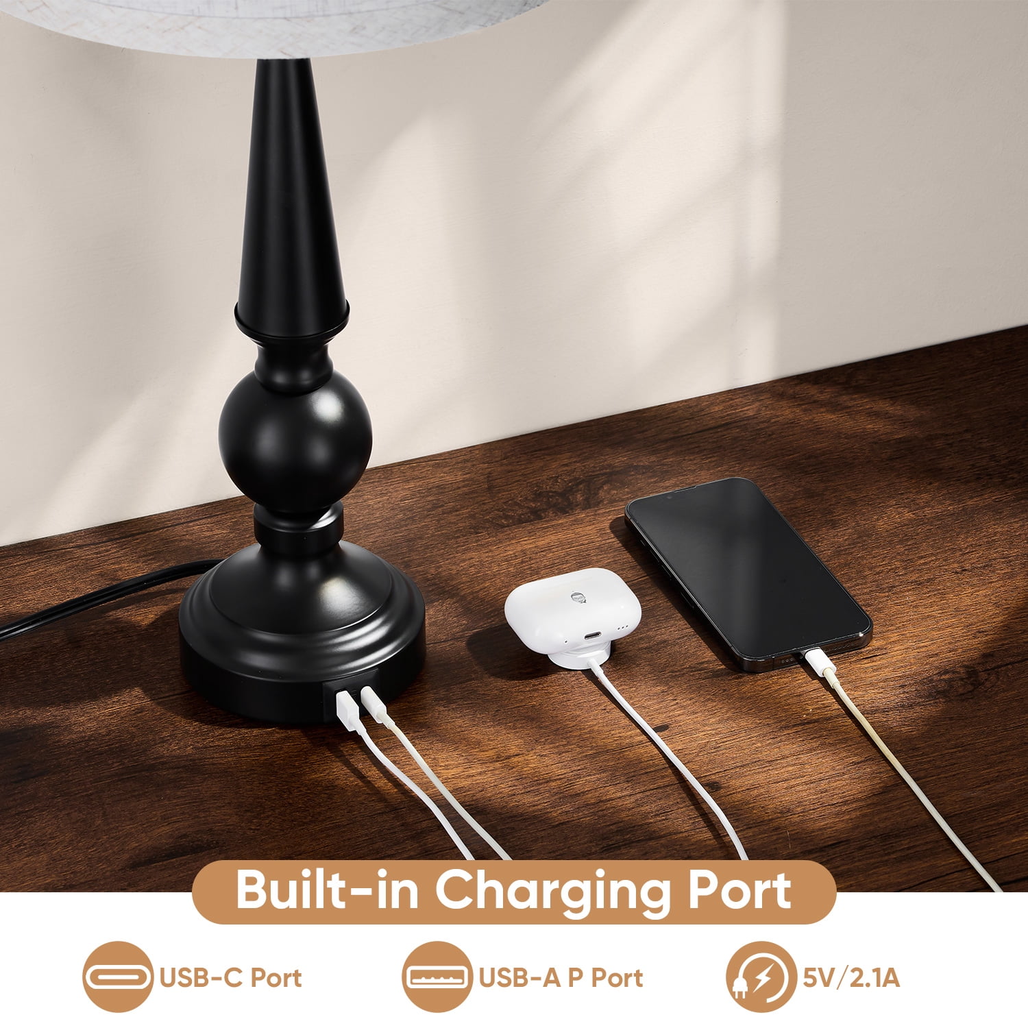 Walchoice Table Lamp Set of 2, Farmhouse Traditional Bedside Lamps with 2 USB Charging Ports, Dimmable Touch Nightstand Lamps for Bedroom Living Room, Rustic Metal Base & Fabric Linen Shade