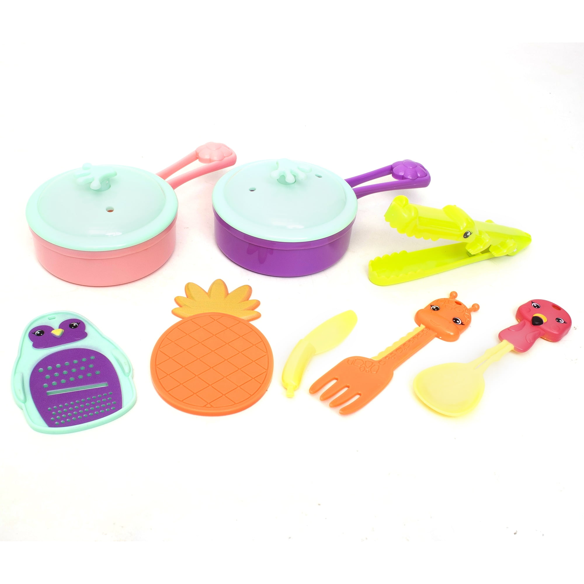 Zoo Troop: Cooking Utensils - 10pc Animal Themed Kitchen Playset, Pots/Lids, Fork, Spoon, Tongs, Grater, Cutting Board & Knife, Toy Set, Kids Ages 2+