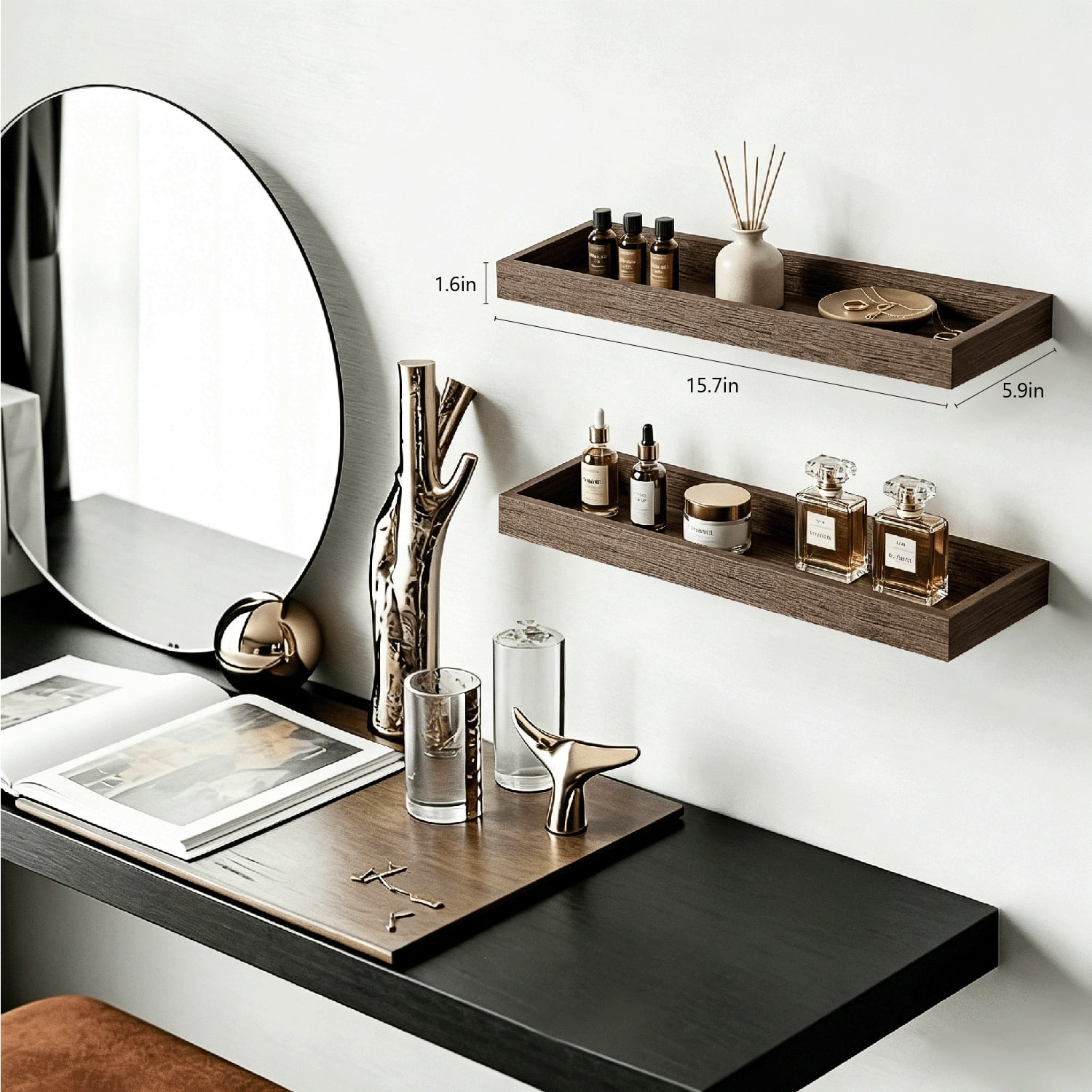 Mifurn 15.7" Floating Shelves for Wall, with Raised Lip, Set of 2, Gray