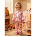 thumbnail image 5 of RUINIXCW Kids Toddler Baby Girl Halloween Silk Stain Pajamas Set Girls Fall Sleepwear Pumpkin Bread Print Lapel V Neck Furry Long Sleeve Button Down Shirt and Pants Set Loungewear Homewear 1-7 Years, 5 of 9