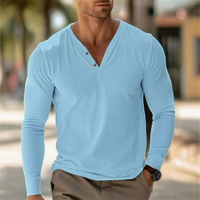 pstuiky camisa de manga larga para hombre, Blusas y camisas de manga larga con cuello en V y colores lisos para hombre Tops casuales para hombres s