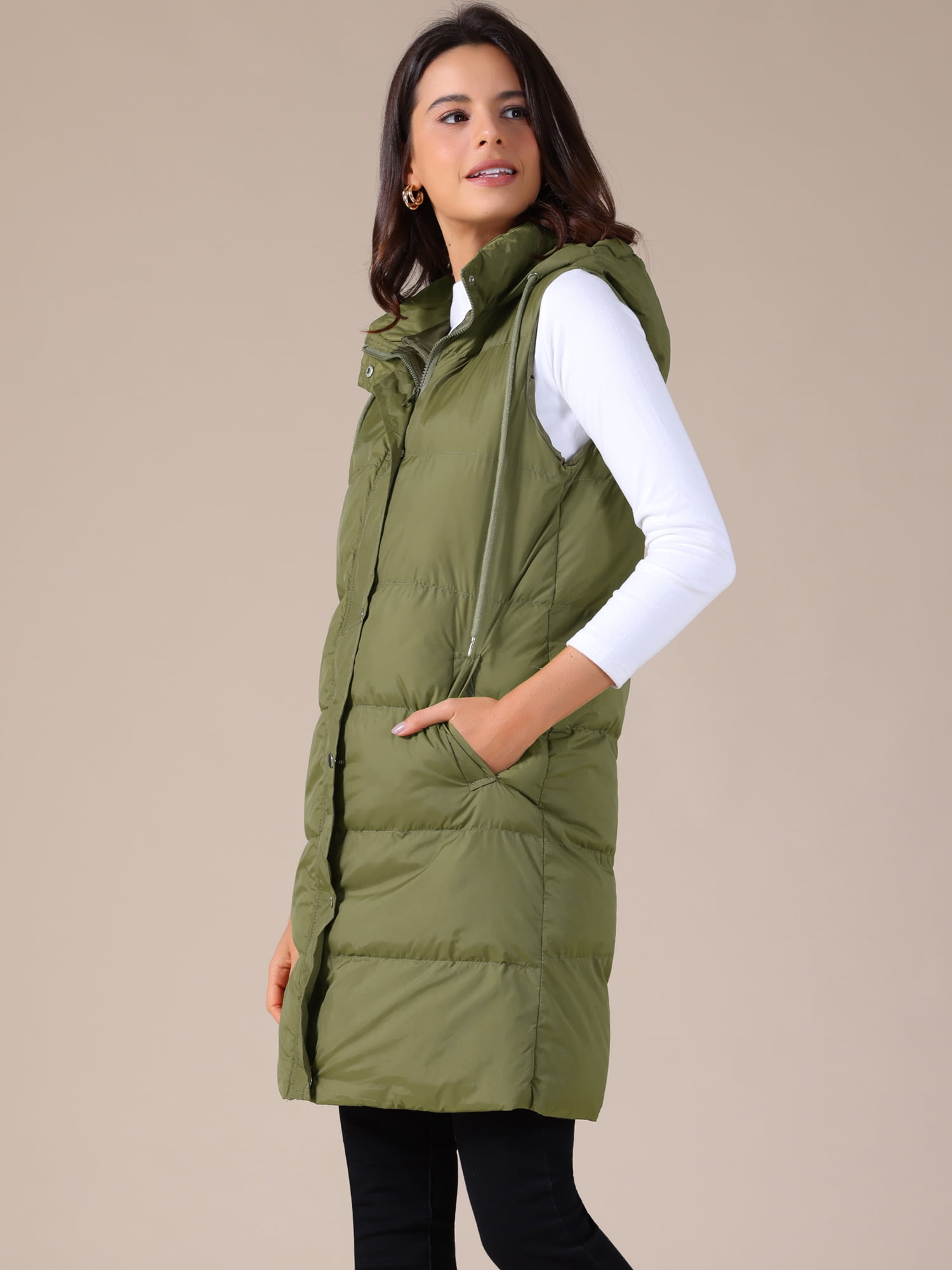DARING DIVA Women's Long Puffer Vest Casual Sleeveless Hooded Down Jacket S Green