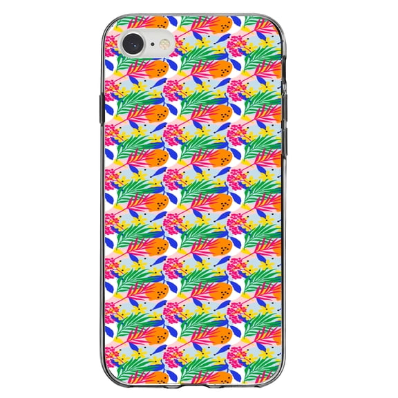 DistinctInk Clear Shockproof Hybrid Case for iPhone 7 8 SE (2020 Model) 4.7" Screen TPU Bumper Acrylic Back Tempered Glass Screen Protector - Summer Vibes Floral Pattern Pink Green Orange