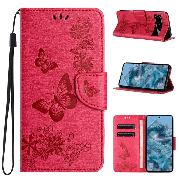 TECH CIRCLE for Google Pixel 9 Pro XL Wallet Case,Butterfly Flower Embossed PU Leather Magnetic Kickstand Card Slots Wrist Strap Shockproof Cover for Google Pixel 9 Pro XL 6.8" 2024,Rose