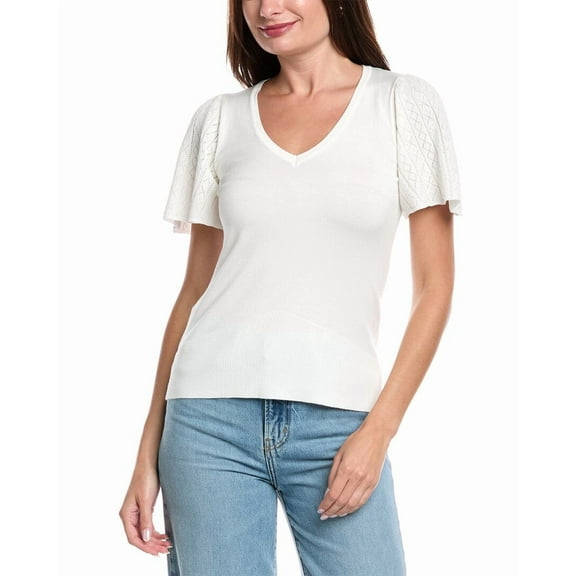 T Tahari womens  Pointelle V-neck Top, xs, White