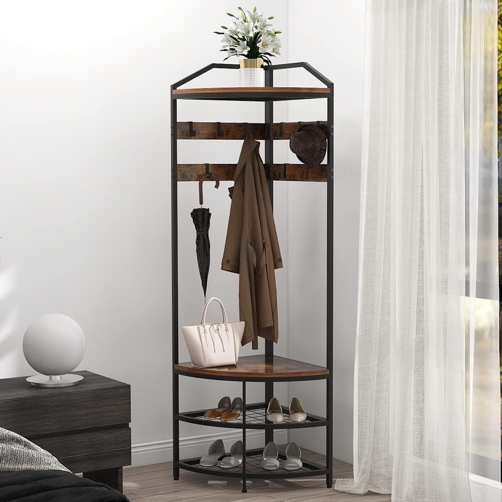 Corner Hall Tree with Shoe Bench Entryway Coat Rack with 10 Metal Movable Hooks Floor Standing Clothes Rack Shoes Shelf Organizer for Home Office Bedroom