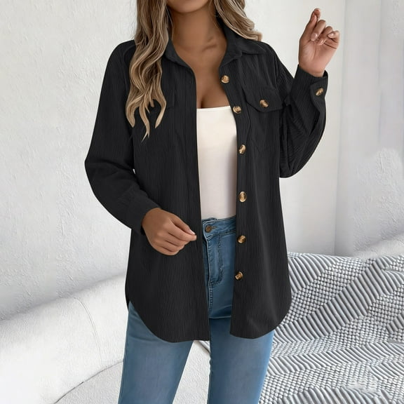 Women's Corduroy Jackets Long Sleeve Coats Button Down Coat (Black L)