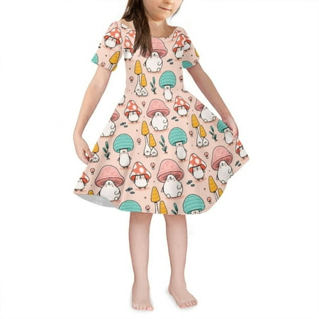 

NETILGEN Abstract Cartoon Mushroom Design Kids Dresses for Daily Life for Teen Girls A Line Soft Round Neck Dress for 3-4 Years