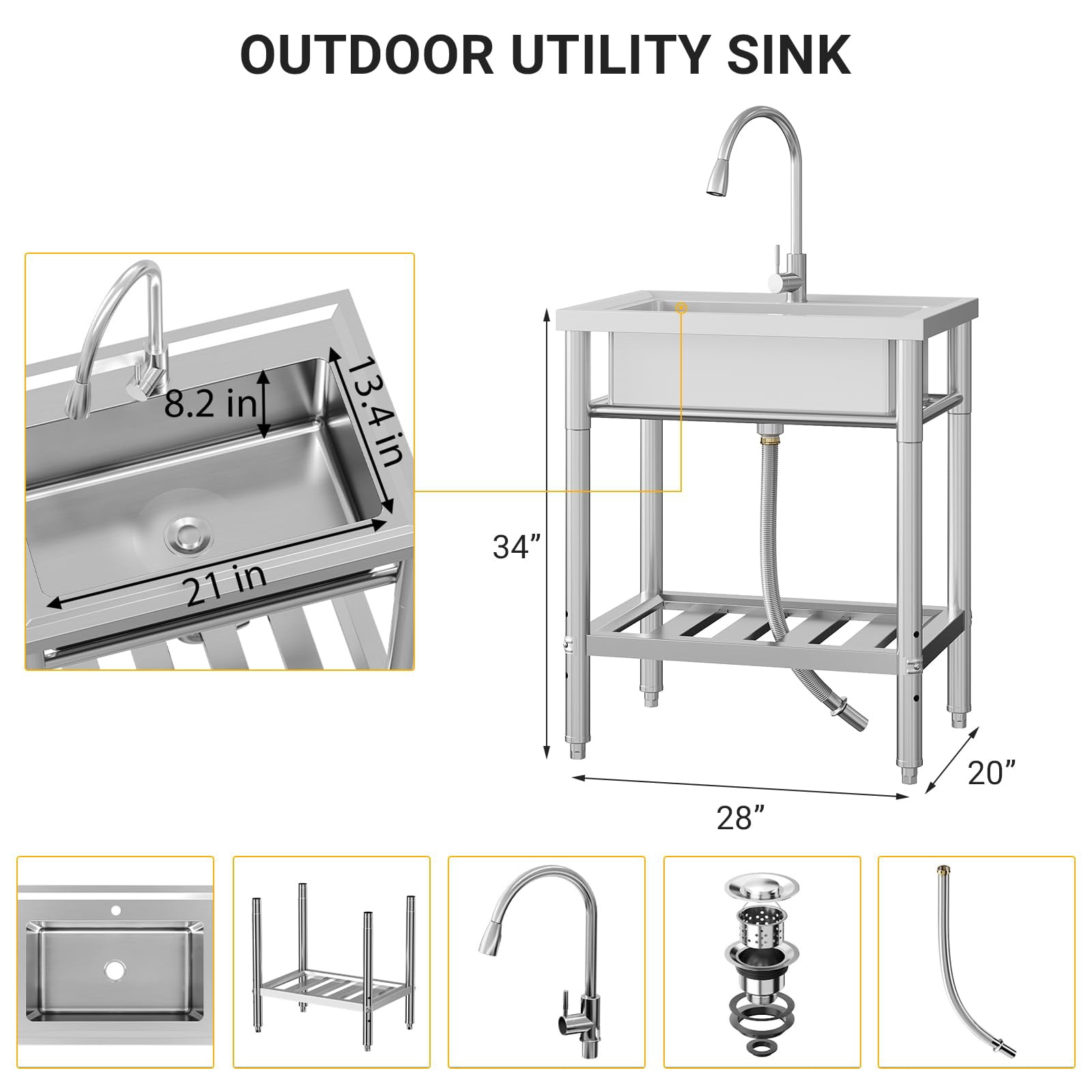Freestanding Stainless Steel Utility Sink 28x20x34", Single Bowl, Hot & Cold Faucet, Adjustable Legs, Rapid Drainage, Built-in Knife Storage