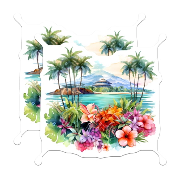 (2 Pack) Tropical Landscape Stickers - Hawaiian Watercolor Decals - Vibrant Beach Scene Art - 5" On Longest Side - Sticks to Smooth Flat Surfaces - Made in USA - BMCS20113
