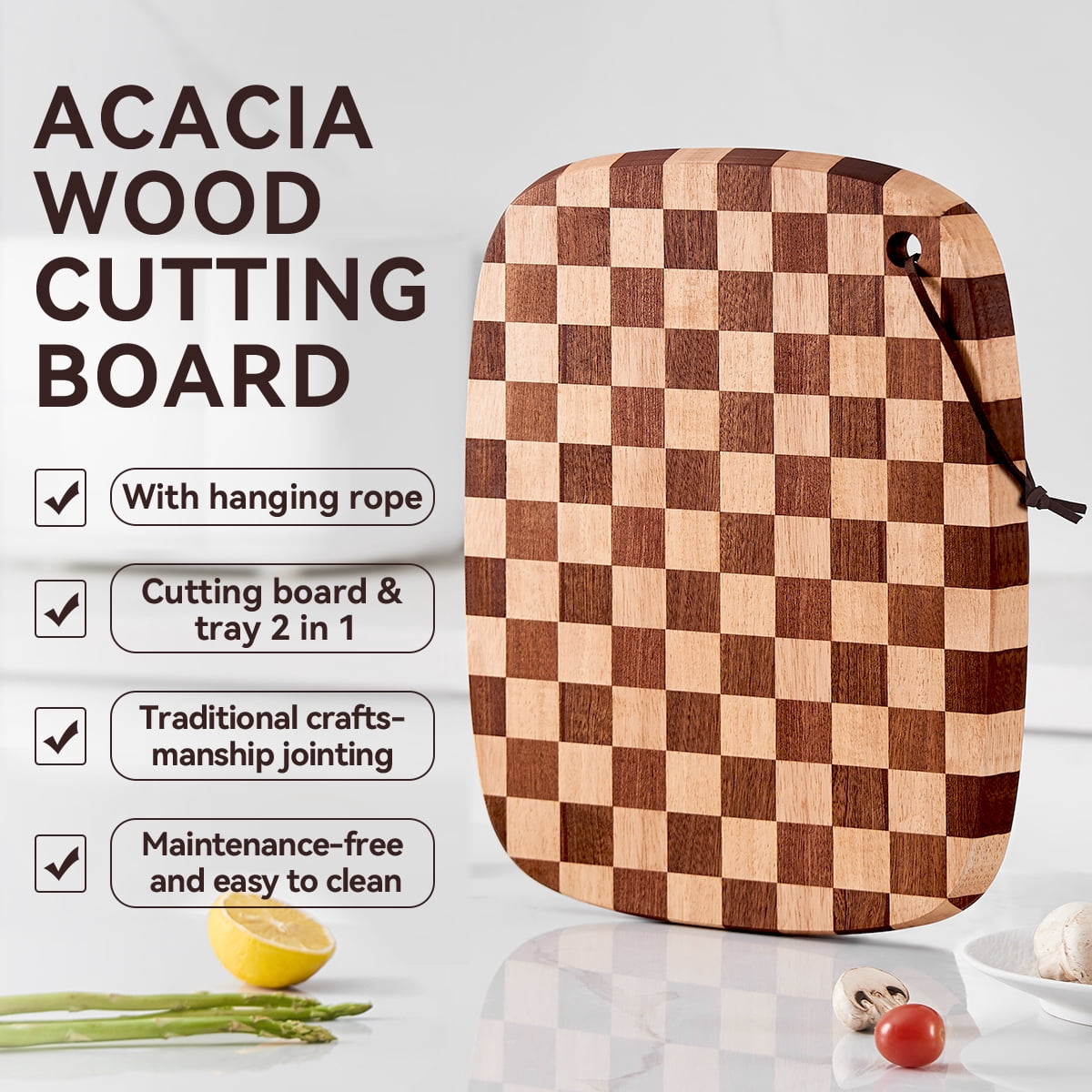 Acacia wood cutting board, kitchen chopping board, upgraded grid cutting board, large hanging meat tray