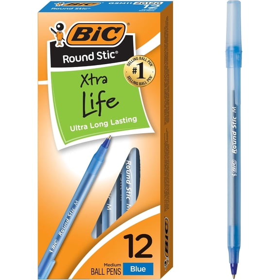 BIC Round Stic Xtra Life Ballpoint Pen, Stick, Medium 1 mm, Blue Ink, Translucent Blue Barrel, Dozen